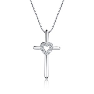 Children&#39;s Sterling Silver Cross Necklace with CZ Heart, First Holy Communion or Confirmation Gift for Girls, Kids Silver Cross Necklace