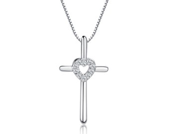 Children's Sterling Silver Cross Necklace with CZ Heart, First Holy Communion or Confirmation Gift for Girls, Kids Silver Cross Necklace