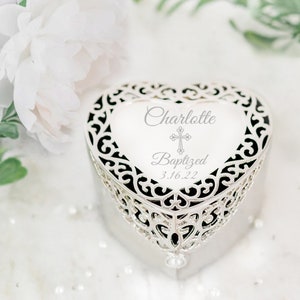 Personalized Silver Filigree Heart Jewelry Box with Cross for Girl's Baby Baptism Gift, Christening, First Communion FREE Custom Engraving