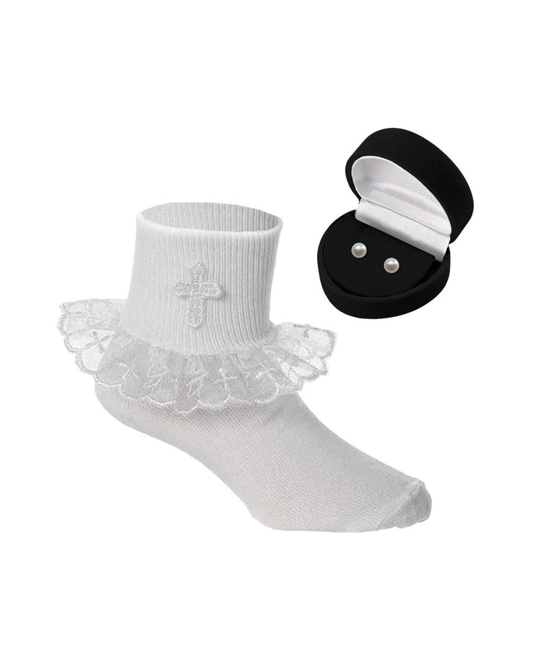 Girls First Communion Gift Set, White Lace Socks With Cross