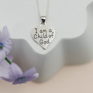 Sterling Silver &quot;I am a Child of God&quot; Heart Charm Necklace, Gift for Baptism, First Communion, Confirmation, Personalized Christian Jewelry