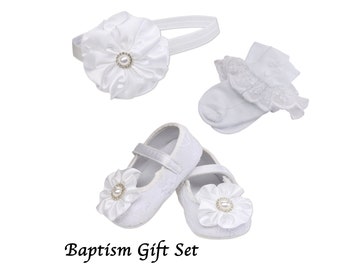 White Baby Baptism Shoe and Headband Gift Set with White Baby Socks with Cross, Infant Christening Shoes, Baby Dedication, Naming, Blessing