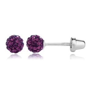 Sterling Silver Amethyst Stardust Crystal Ball Earrings for Little Girls, Kids, Toddlers with Screw Backs, Hypo-allergenic, Nickel Free 5mm