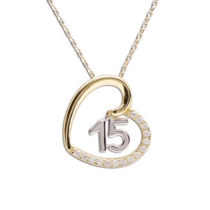 Sterling Silver and 14K Gold-Plated Quinceañera Necklace for Girls with Heart Pendant and has Fifteen CZ Stones for Sweet 15 Birthday Gift