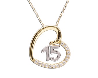 Sterling Silver and 14K Gold-Plated Quinceañera Necklace for Girls with Heart Pendant and has Fifteen CZ Stones for Sweet 15 Birthday Gift
