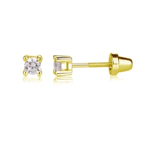 Kids 14K Gold Clear CZ Earrings, Kids Screw Back Earrings, Newborn Infant Baby Studs, Little Girls Gold Jewelry, Toddler New Pierced Ears