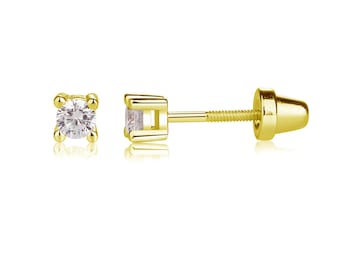 Kids 14K Gold-plated Sterling Silver Clear CZ Earrings, Kids Screw Back Earrings, Newborn Infant Baby Studs, Little Girls Gold Jewelry