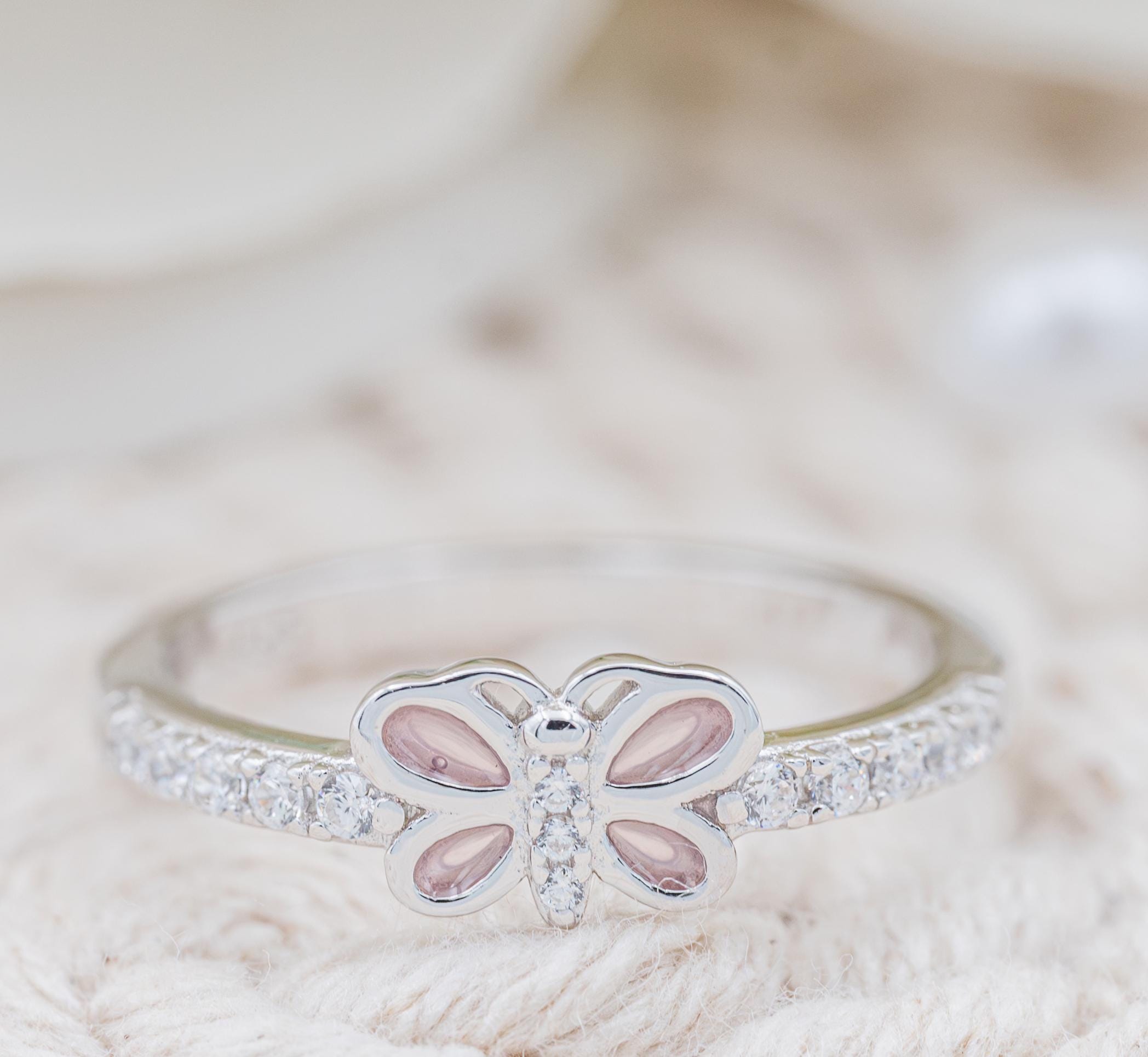 Little Girls Sterling Silver Baby Ring, Pink Butterfly With CZ Band ...