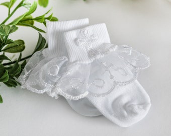 Baby Girl White Lace Baptism Socks with Embellished Cross for Infant Christening, Baby Dedication, Baby Girl Naming or Baptism Gift (Size 0)