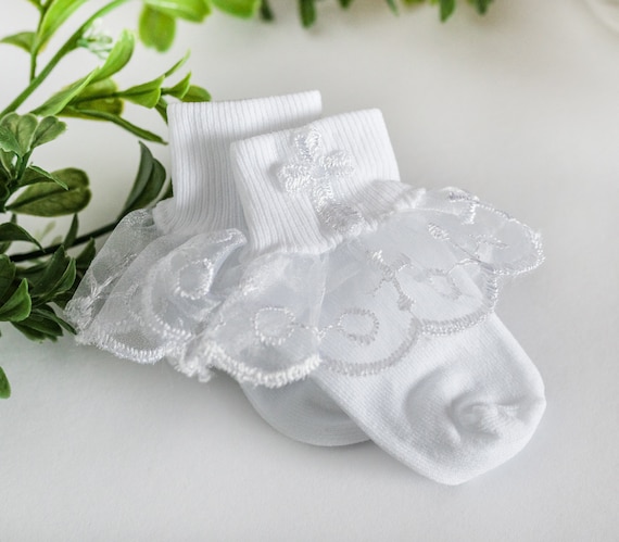 Baby Girl White Lace Baptism Socks with Embellished Cross for Infant Christening, Baby Dedication, Baby Girl Naming or Baptism Gift (Size 0)
