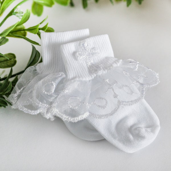 Baby Girl White Lace Baptism Socks with Embellished Cross for Infant Christening, Baby Dedication, Baby Girl Naming or Baptism Gift (Size 0)