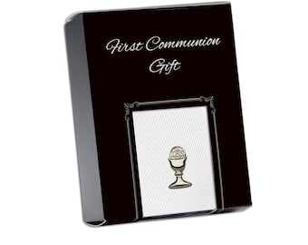 First Communion White Pinstriped Tie with Silver or Gold Chalice Tie Pin Gift Set, Boys Holy Communion Gift, Boys 1st Communion Church Tie