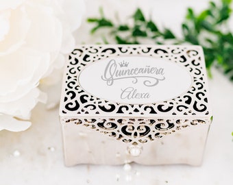 Personalized Dainty Silver Filigree Oblong Jewelry Box, Custom Gift for Quinceañera for 15 Year Olds, Sweet 16 Gift with FREE Engraved Name