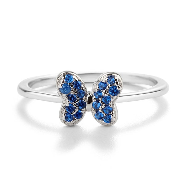Little Girls Sterling Silver Sapphire Crystal Butterfly Ring w/Sparkling CZs for Babies, Kids, Toddlers Jewelry, September Birthstone Ring
