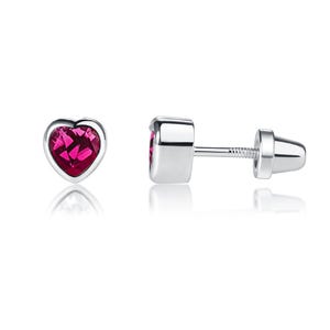 May include: A pair of silver heart-shaped stud earrings with a pink gemstone in the centre.