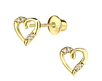 Children's 14K Gold-Plated Heart Earrings with Tiny CZs and Screw Backs for Little Girls, Kids, Toddler, Hypoallergenic Baby Earrings