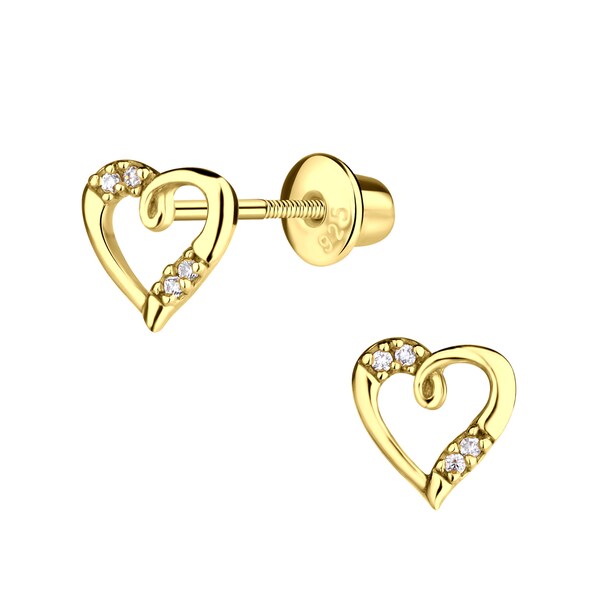 Children's 14K Gold-Plated Heart Earrings with Tiny CZs and Screw Backs for Little Girls, Kids, Toddler, Hypoallergenic Baby Earrings