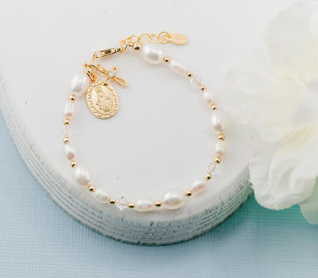 Bracciale Per Prima Comunione Con Croce E Perline Placcate Oro – Regalo Cattolico Per Ragazze, Regolabile, Con Sacchetto E Biglietto - 2