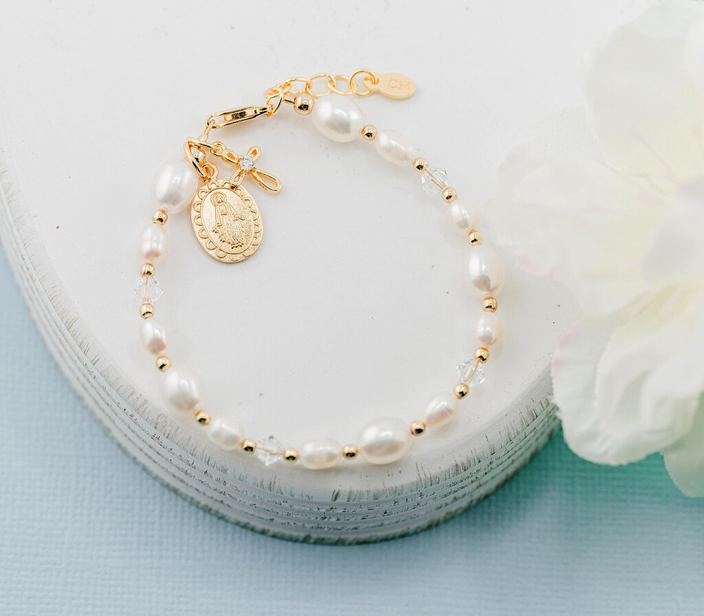 Bracciale Prima Comunione Per Ragazze Con Croce E Perle | Gioiello Cattolico Oro | Regalo Religioso Significativo