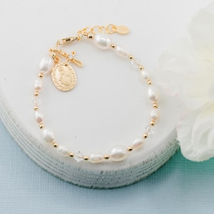 Girls 14K Gold-Plated First Communion Cross Bracelet with Miraculous Medal and Freshwater Pearls, Kids Children&#39;s Catholic Religious Jewelry