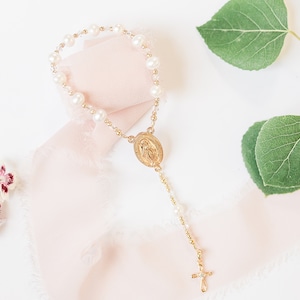 14K Gold Plated Infant Baby Rosary with White Pearls for Baptism Gift Girl, First Rosary with Miraculous Medal and Cross, Catholic Baby Gift