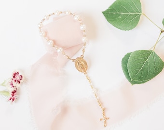 14K Gold Plated Infant Baby Rosary White Pearls, Baptism Gift Girl or Boy, First Rosary with Miraculous Medal & Cross, Catholic Baby Gift