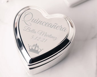 Quinceañera Gift for 15 Year Old Girls, Personalized Silver Heart Jewelry Box with FREE Engraving, Sweet 16 Gift, Sweet 15 Gift with Tiara