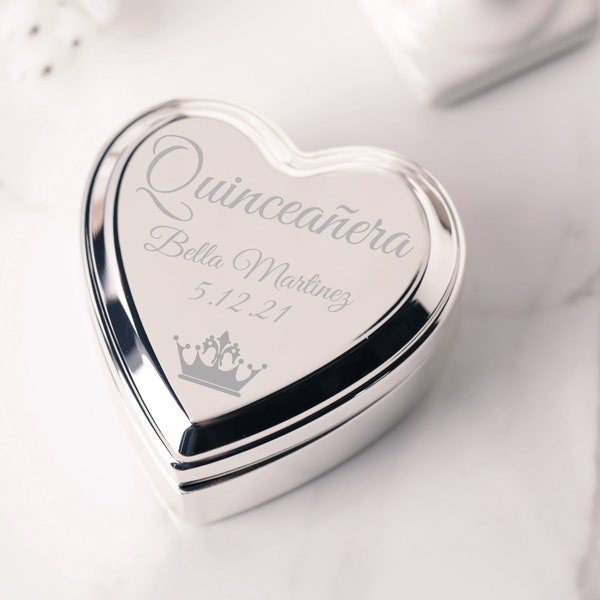 Quinceañera Gift for 15 Year Old Girls, Personalized Silver Heart Jewelry Box with FREE Engraving, Sweet 16 Gift, Sweet 15 Gift with Tiara