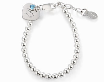 Little Girls Sterling Silver Birthstone Charm Bracelet with FREE Engraved Heart and Birthstone CZ Heart, Toddler, Kids Customized Jewelry