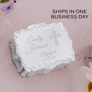 Personalisiertes Geschenk zur Taufe Mädchen, Silber Kleine Schmuckschatulle mit Kreuz, KOSTENLOS graviert Benutzerdefinierte Erstkommunion Geschenk, Taufe oder Konfirmation