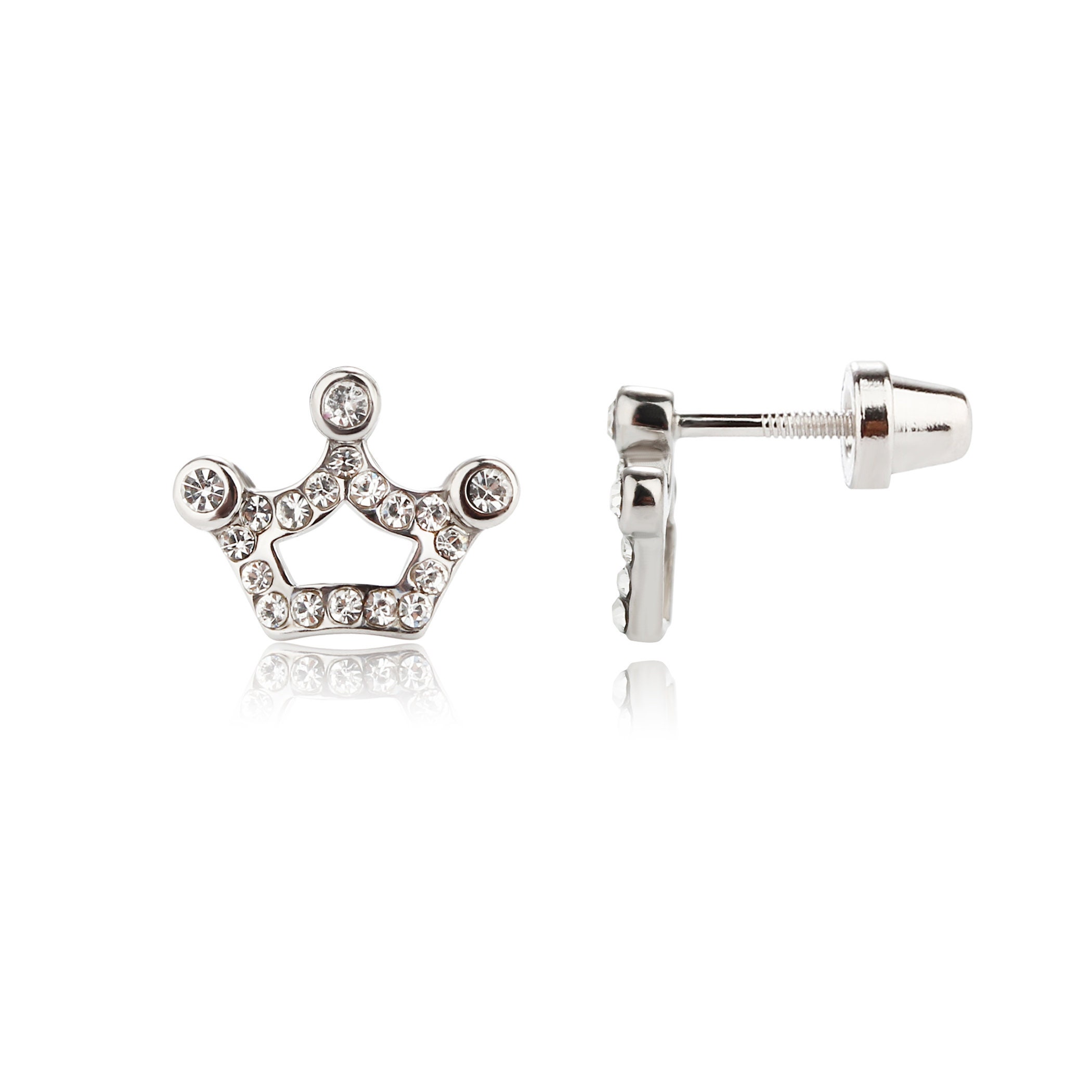 Sterling Silver Princess Tiara Crown Earrings With Czs and Screw