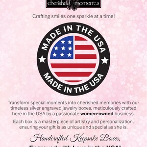 May include: A red, white, and blue American flag design with the words "Made in the USA" in a black circle. The text "Handcrafted Keepsake Boxes, Engraved with Love in the USA!" is below the circle.