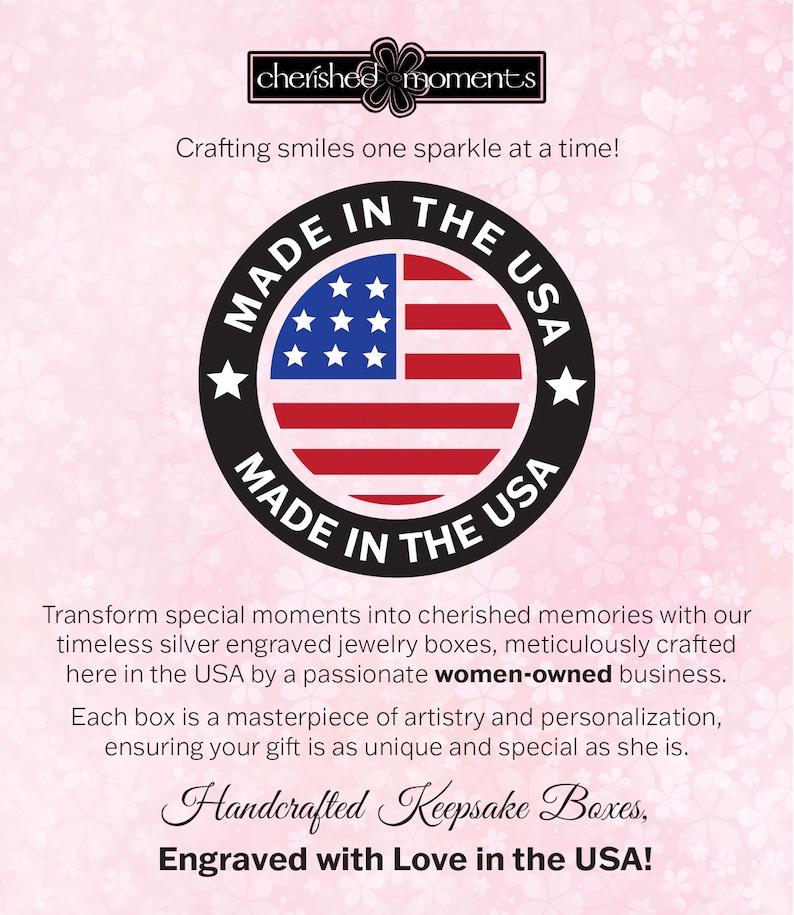 May include: A red, white, and blue American flag design with the words "Made in the USA" in a black circle. The text "Handcrafted Keepsake Boxes, Engraved with Love in the USA!" is below the circle.