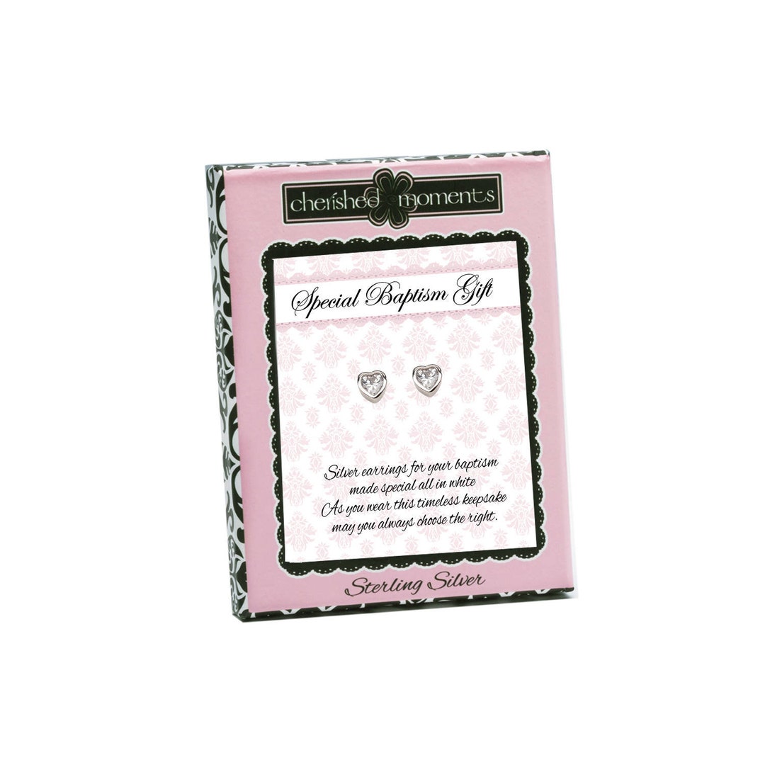 Sterling Silver Baptism Earrings With CZ Hearts for Girls Baptism Gift