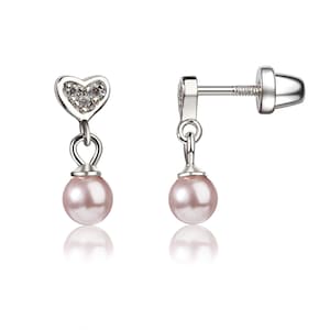 Sterling Silver Screw Back Heart Earring with Pink Pearls, Flower Girl Gift, Toddler Earrings, Hypoallergenic, Nickel Free, Little Girl Kids