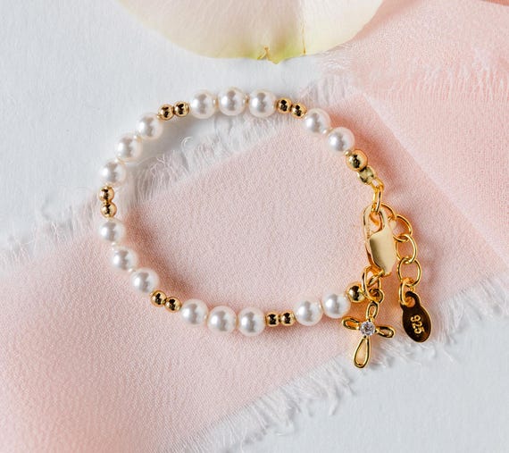 Baptism Gift for Girls 14K Gold-Plated Pearl and Cross Bracelet, Necklace, or Set for Kids, Baby Christening or First Communion Gift