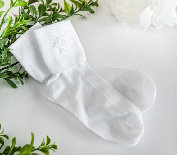 Girls or Boys White Dress Socks With Embroidered Cross