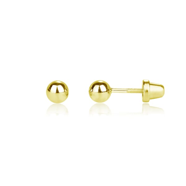 14K Gold-Plated 4mm Gold Ball Stud Earrings with Screw Backs, Kids, Babies, Toddler, Little Girls Earrings, Infant Jewelry, Hypoallergenic