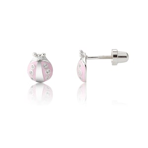 Girls Sterling Silver Pink Ladybug Screw Back Earrings for Toddler Stud Earrings, Hypo-allergenic, Nickel Free, Baby's First Earrings Easter