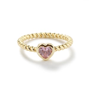 Little Girls 14k Gold-Plated Pink CZ Heart Baby Ring, Kids Rope Band Ring Toddler Jewelry, Teens, Women's Pinky or Toe Ring, Stackable Ring