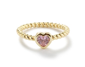 Little Girls 14k Gold-Plated Pink CZ Heart Baby Ring, Kids Rope Band Ring Toddler Jewelry, Teens, Women's Pinky or Toe Ring, Stackable Ring
