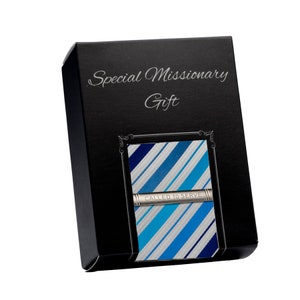 Cadeau missionnaire SDJ avec cravate à rayures bleues ou noires et barre à cravate appelée pour servir ensemble-cadeau pour missionnaire mormon, cadeau d'adieu pour missionnaire