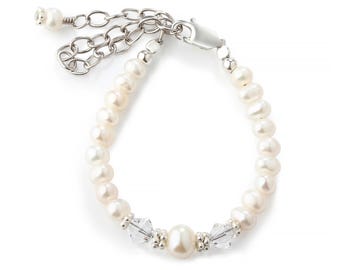 Babe to Bride Bracelet - Sterling Silver, Freshwater Pearls, and adorned with Swarovski® crystals - Little Girls Keepsake Heirloom Gift