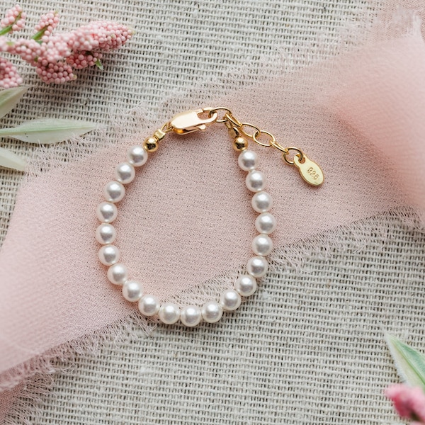 14K Gold-Plated High-End Simulated Pearl Bracelet, Gift Little Flower Girls, Infant, Toddlers, Special Occasion Jewelry, Add Initial Charm