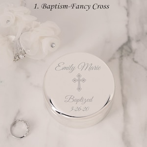 Personalized Baptism Gift for Girls, Silver Round Jewelry Box, FREE Engraved Name and Cross, Custom First Communion Gift, Infant Christening 1-Baptism-Fancy