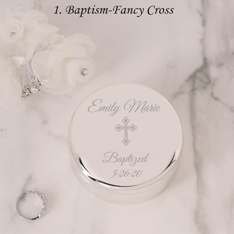 Personalized Baptism Gift for Girls, Silver Round Jewelry Box, FREE Engraved Name and Cross, Custom First Communion Gift, Infant Christening 1-Baptism-Fancy