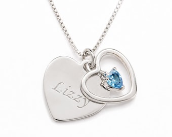 Girls Personalized Sterling Silver Dancing Heart CZ Birthstone Necklace with FREE Engraved Heart, Gift for Toddlers, Kids, Girlfriend, Wife