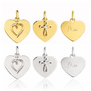 Hartvormige bedel van 925 sterling zilver of 14k verguld sterling zilver, gegraveerd. Perfecte gepersonaliseerde bedel met naam voor kinderen en volwassenen.