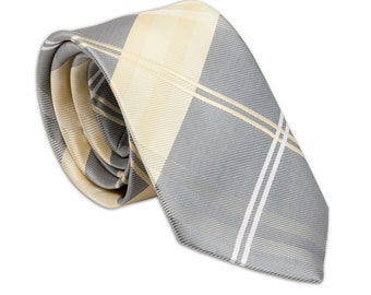 Men's Yellow and Gray Plaid Tie for Teens or Men, 58 inch