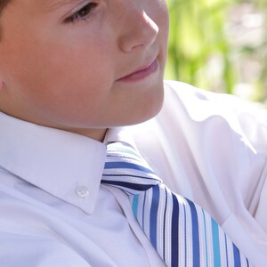 Puede incluir: Una persona joven con una camisa blanca abotonada con una corbata a rayas azules y blancas. La persona est&aacute; mirando hacia un lado.